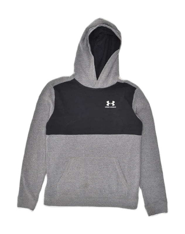 UNDER ARMOUR Boys Hoodie Jumper 14-15 Years XL Grey Colourblock Cotton